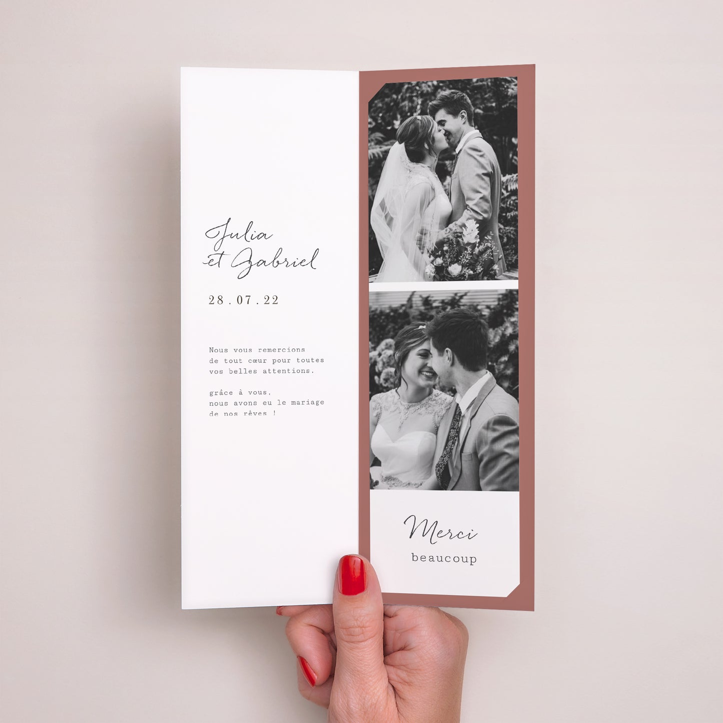 Remerciements Mariage Marque-page photo Arche fleurs tons rouge orange photo N° 2