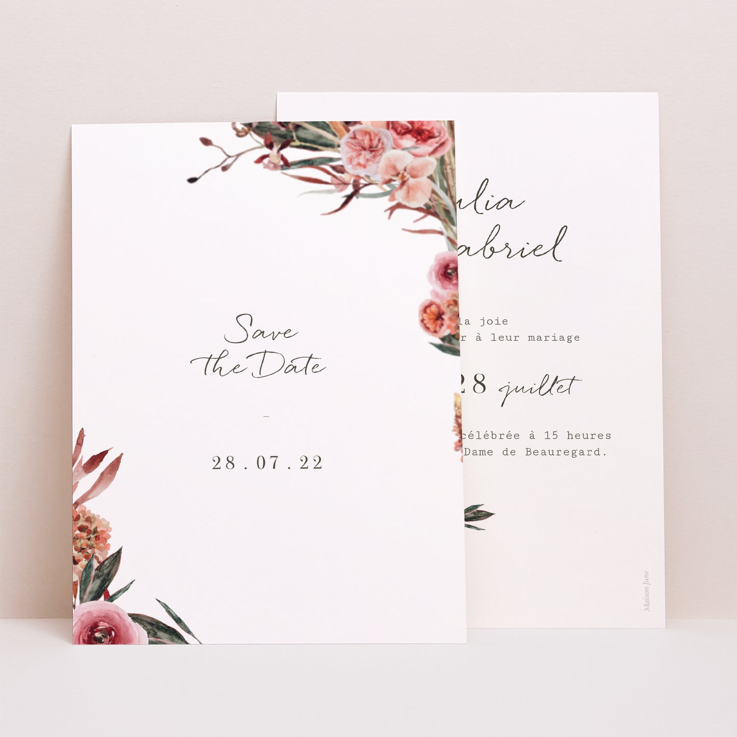 Save the date Mariage Portrait Arche fleurs tons rouge orange photo N° 1