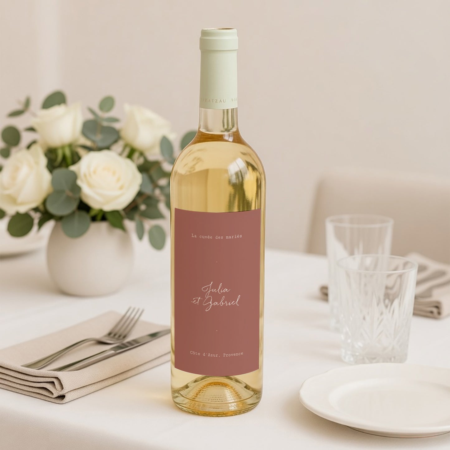 Etiquette bouteille Mariage Portrait Arche fleurs tons rouge orange photo N° 2