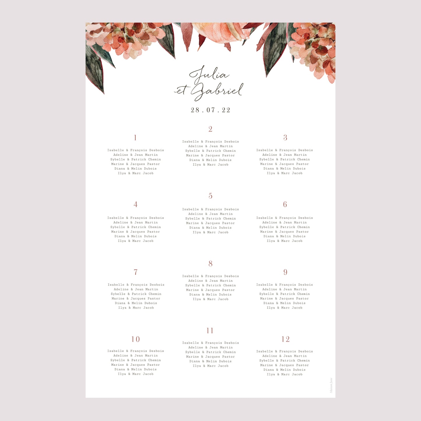 Plan de table Mariage Portrait Arche fleurs tons rouge orange photo N° 2