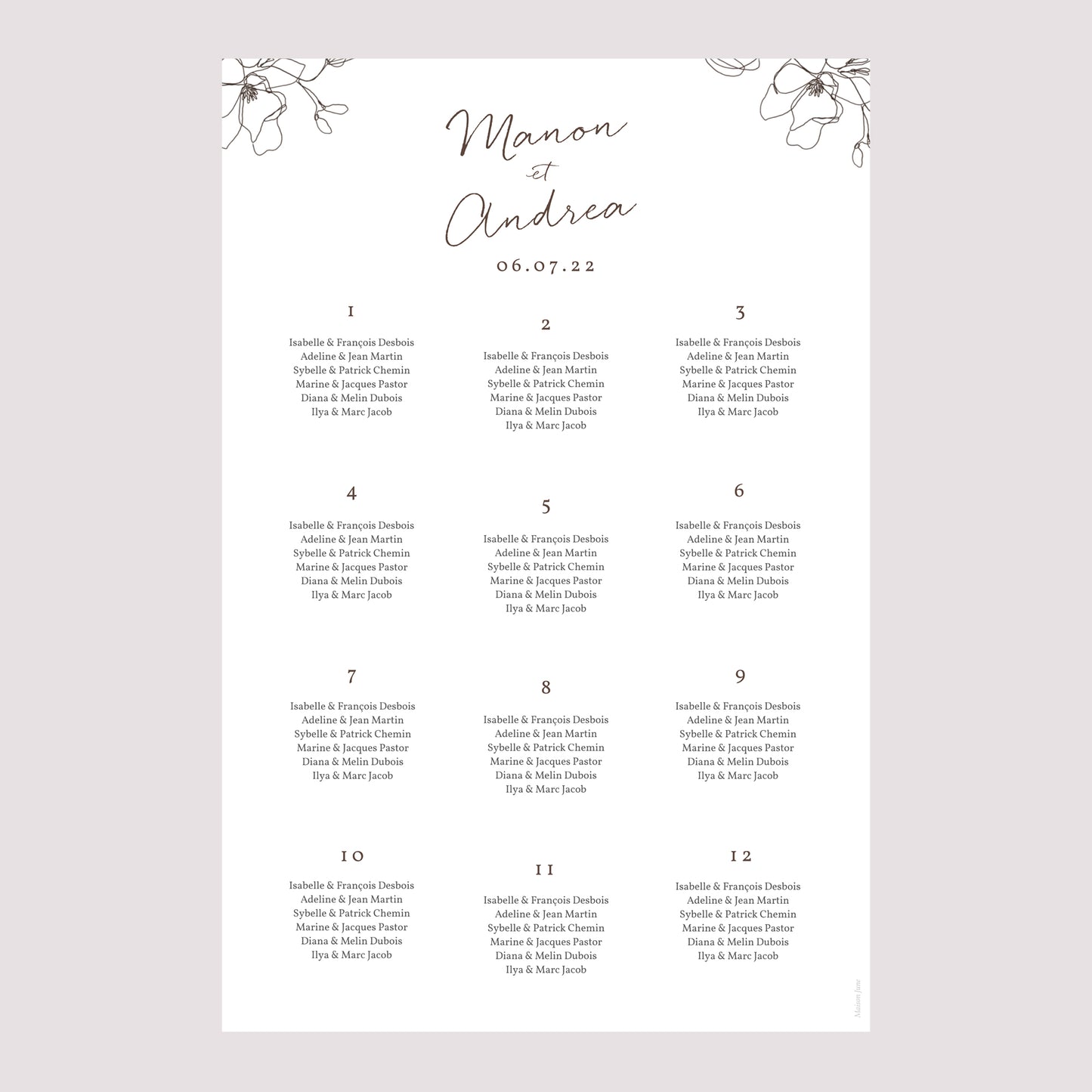 Plan de table Mariage Portrait 60 x 90 cm Silhouette florale III - Cerisier photo N° 2