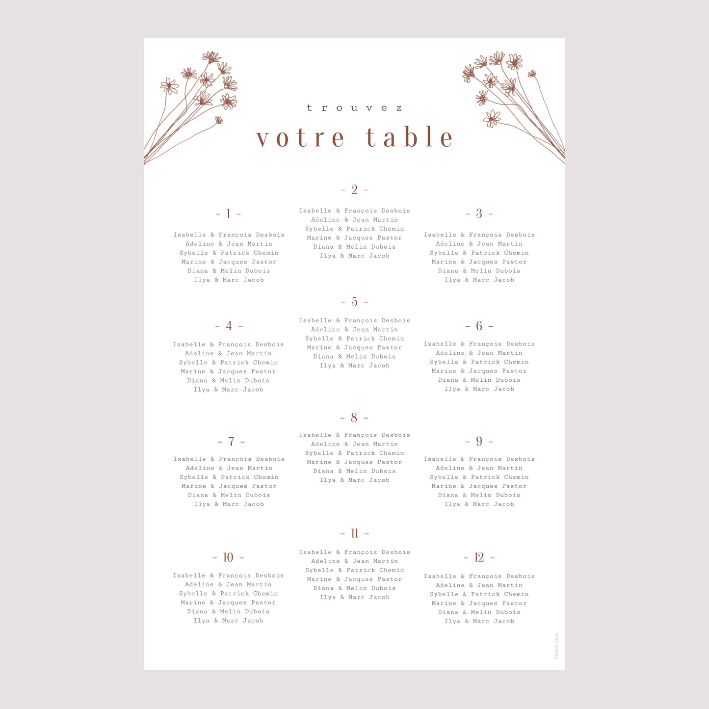 Plan de table Mariage Portrait Silhouette - Fleurs des champs photo N° 2