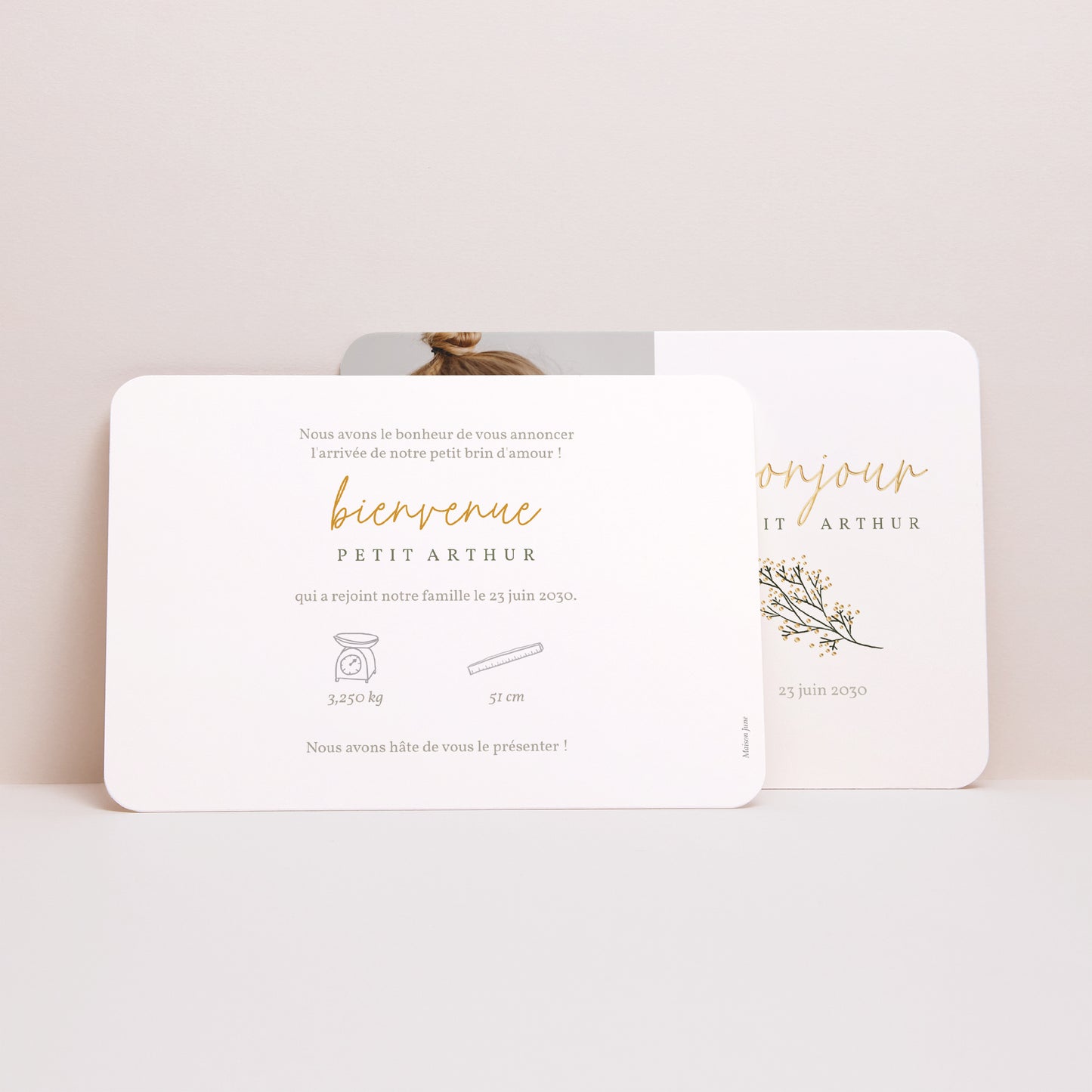 Faire-part Naissance Paysage, bords arrondis Bonjour, Petit brin doré photo N° 3
