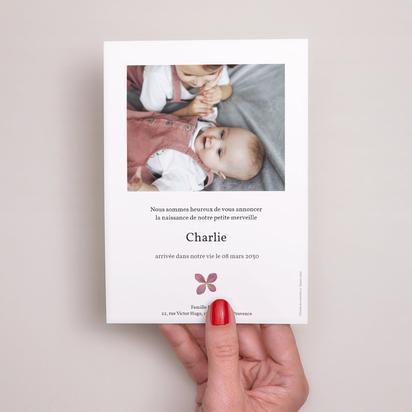 Faire-part Naissance Portrait chemin des marettes rose photo N° 3