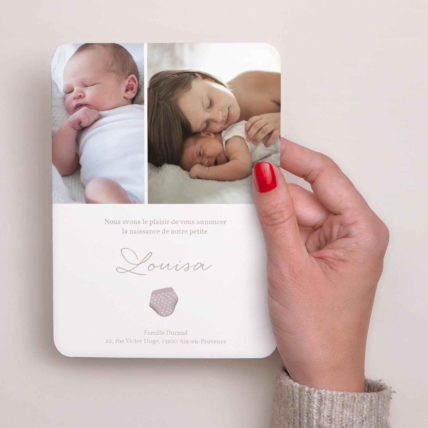 Faire-part Naissance Portrait, bords arrondis vestiaire fil à linge fille photo N° 3