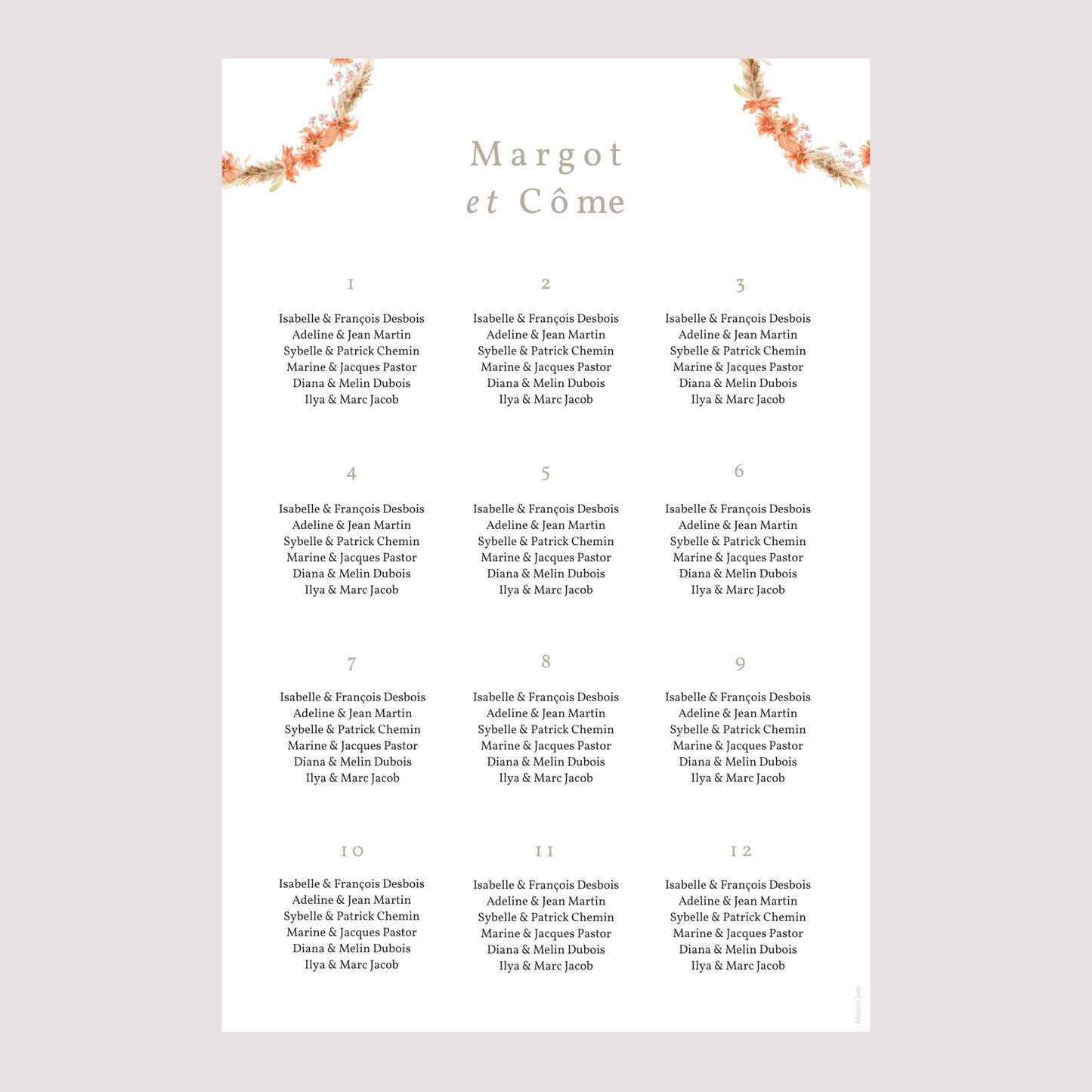 Plan de table Mariage Portrait Couronne & Fleurs Solsticiales photo N° 2