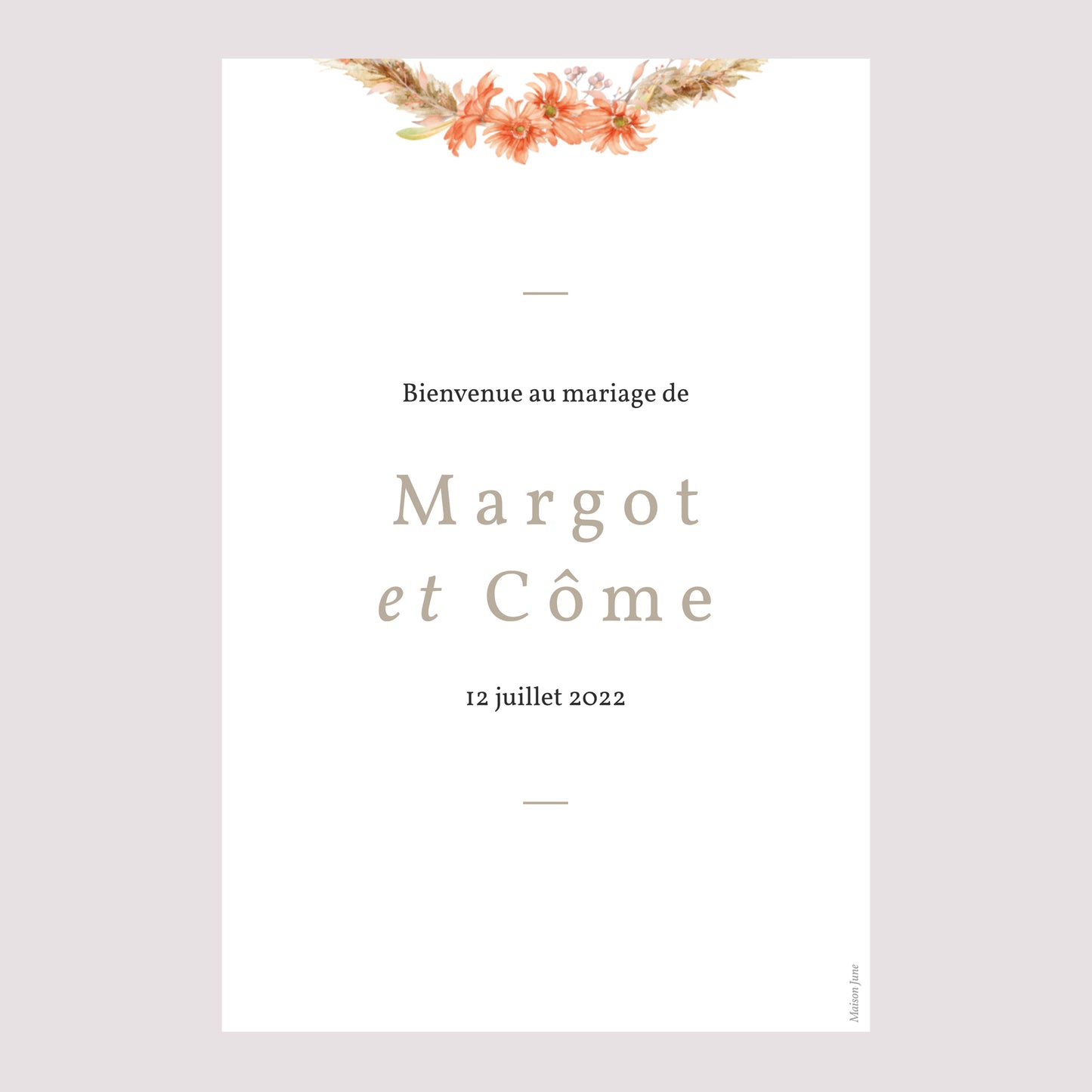 Panneau bienvenue Mariage Portrait 60 x 90 cm Couronne & Fleurs Solsticiales photo N° 2