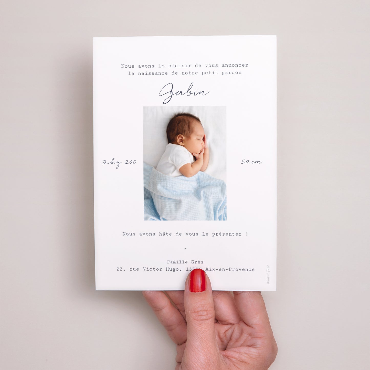 Faire-part Naissance Portrait Vestiaire garçon fond gris vert photo N° 3