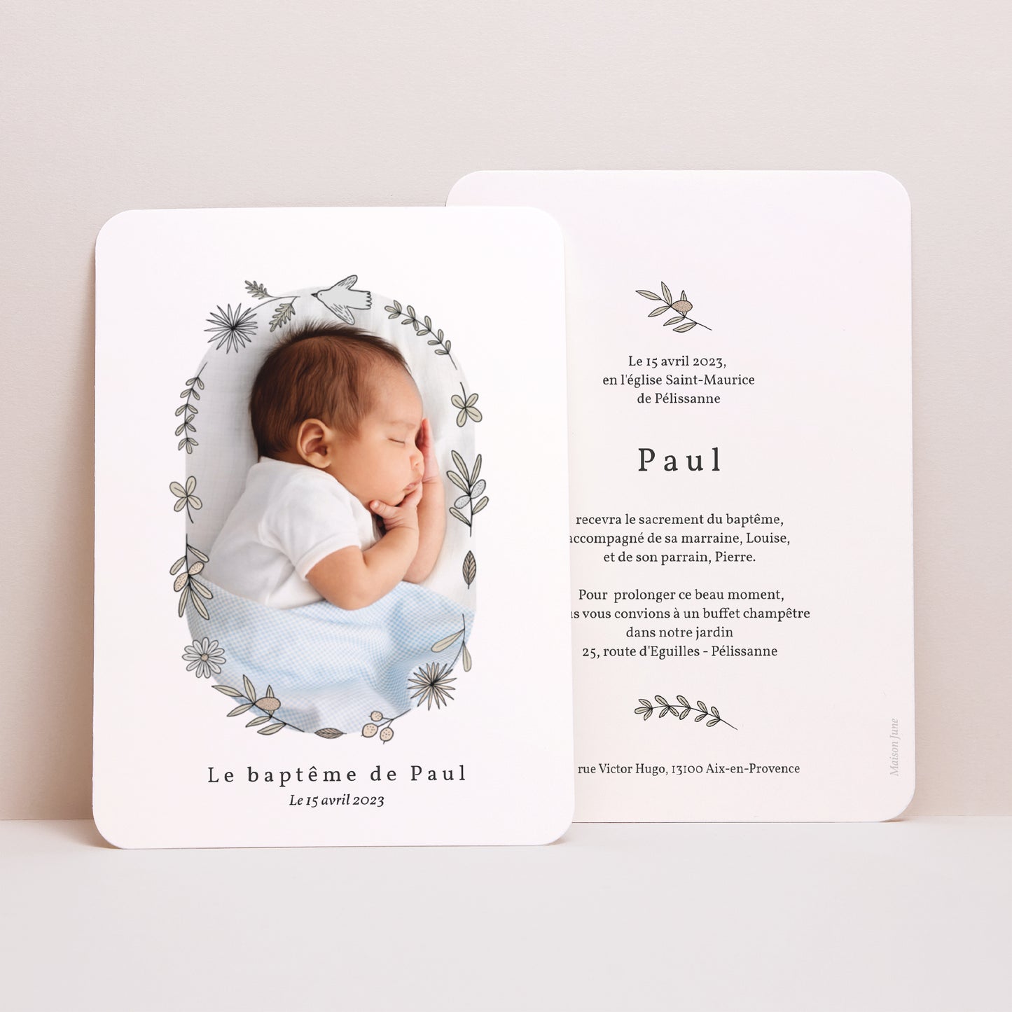 Faire-part Baptême Portrait, bords arrondis Poésie Crayon gris et photo photo N° 1