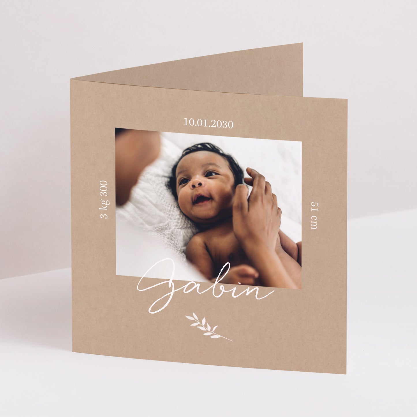 Faire-part Naissance Carré double volet Portrait Kraft Naturel photo N° 1