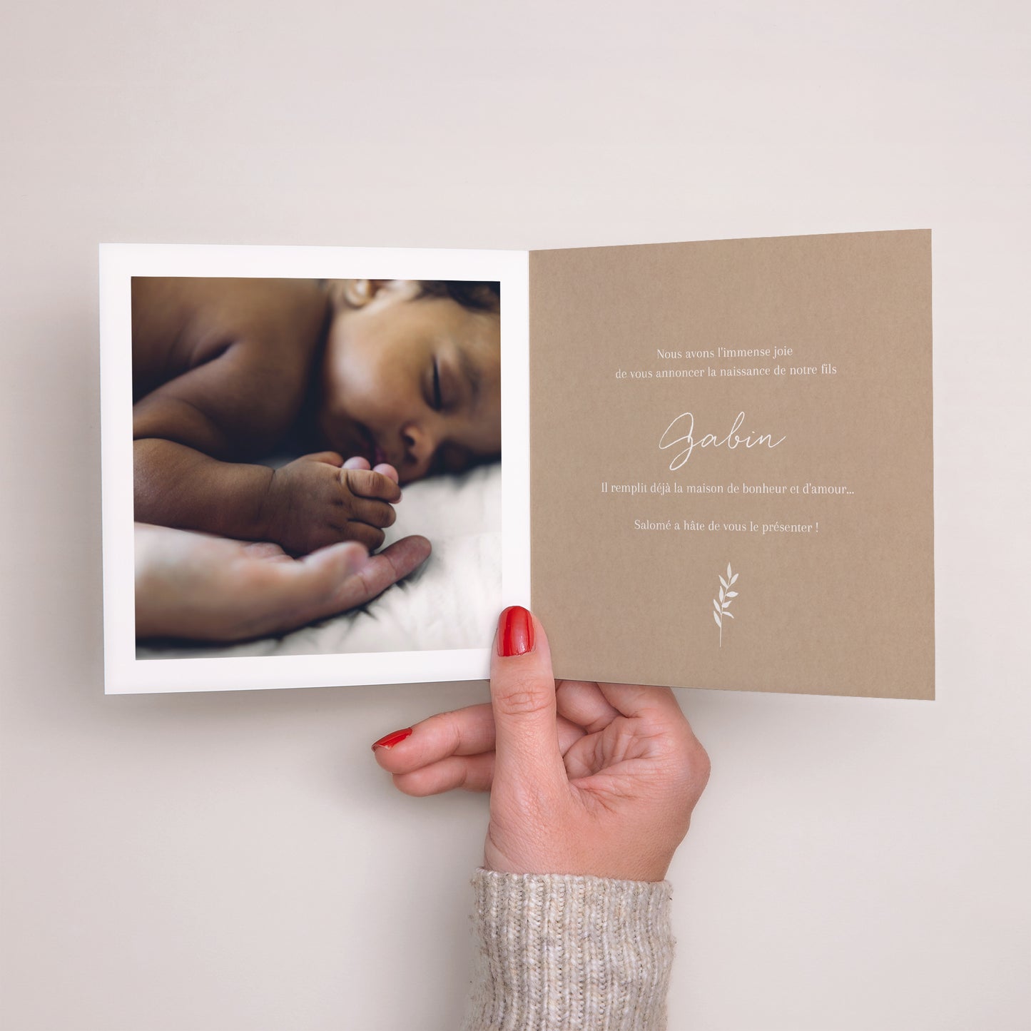 Faire-part Naissance Carré double volet Portrait Kraft Naturel photo N° 2
