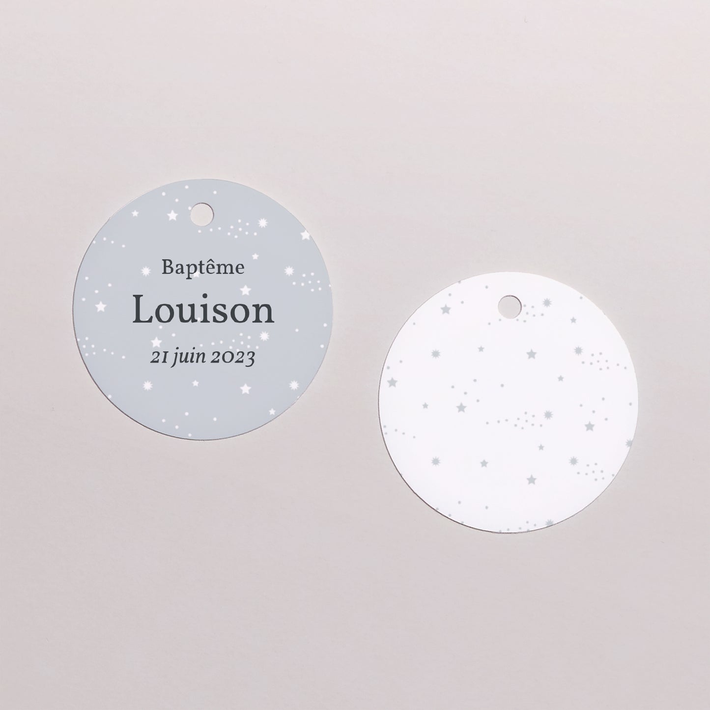 Etiquette perforée Baptême Ronde Etoiles Divines, Gris photo N° 1