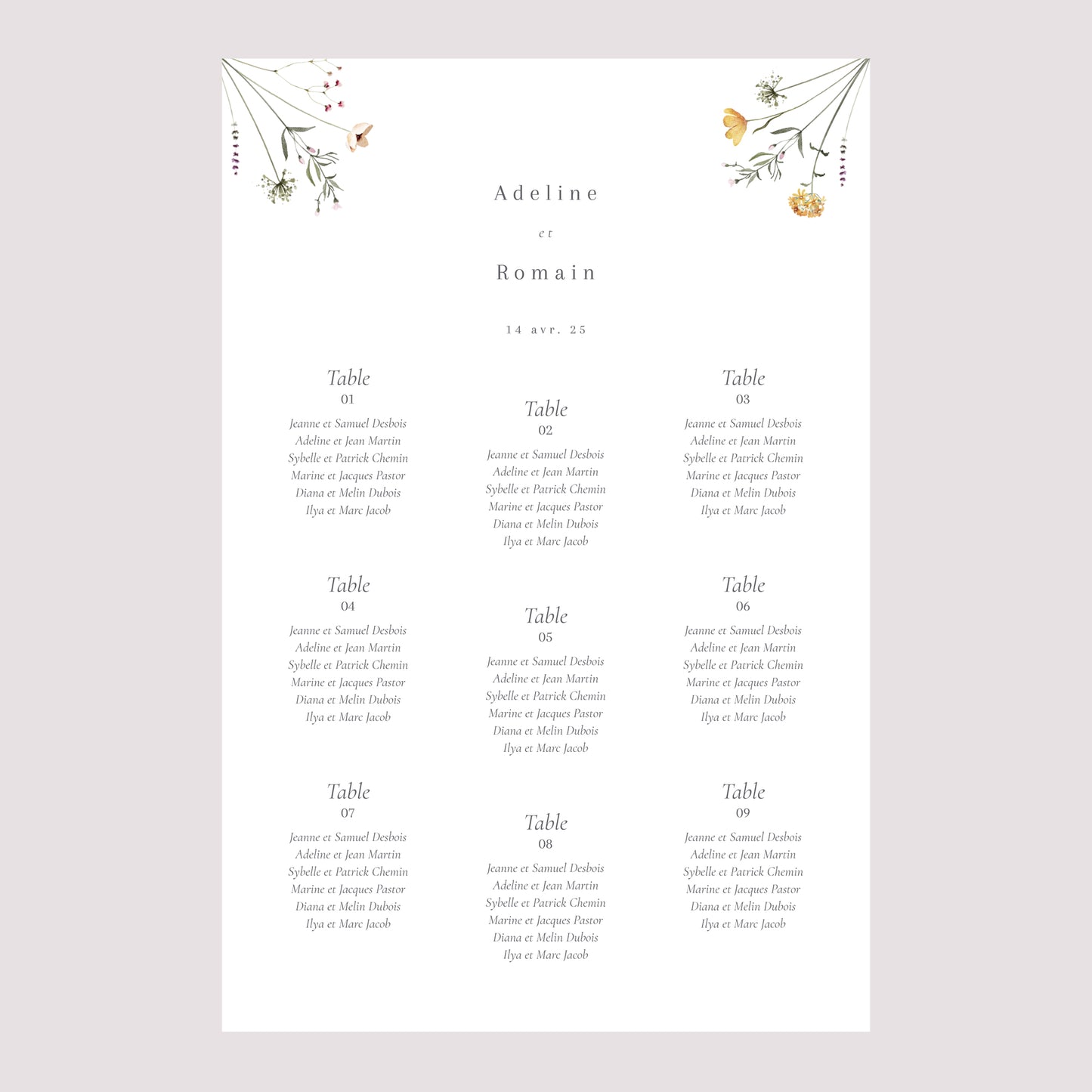 Plan de table Mariage Portrait Couronne petites fleurs photo N° 2