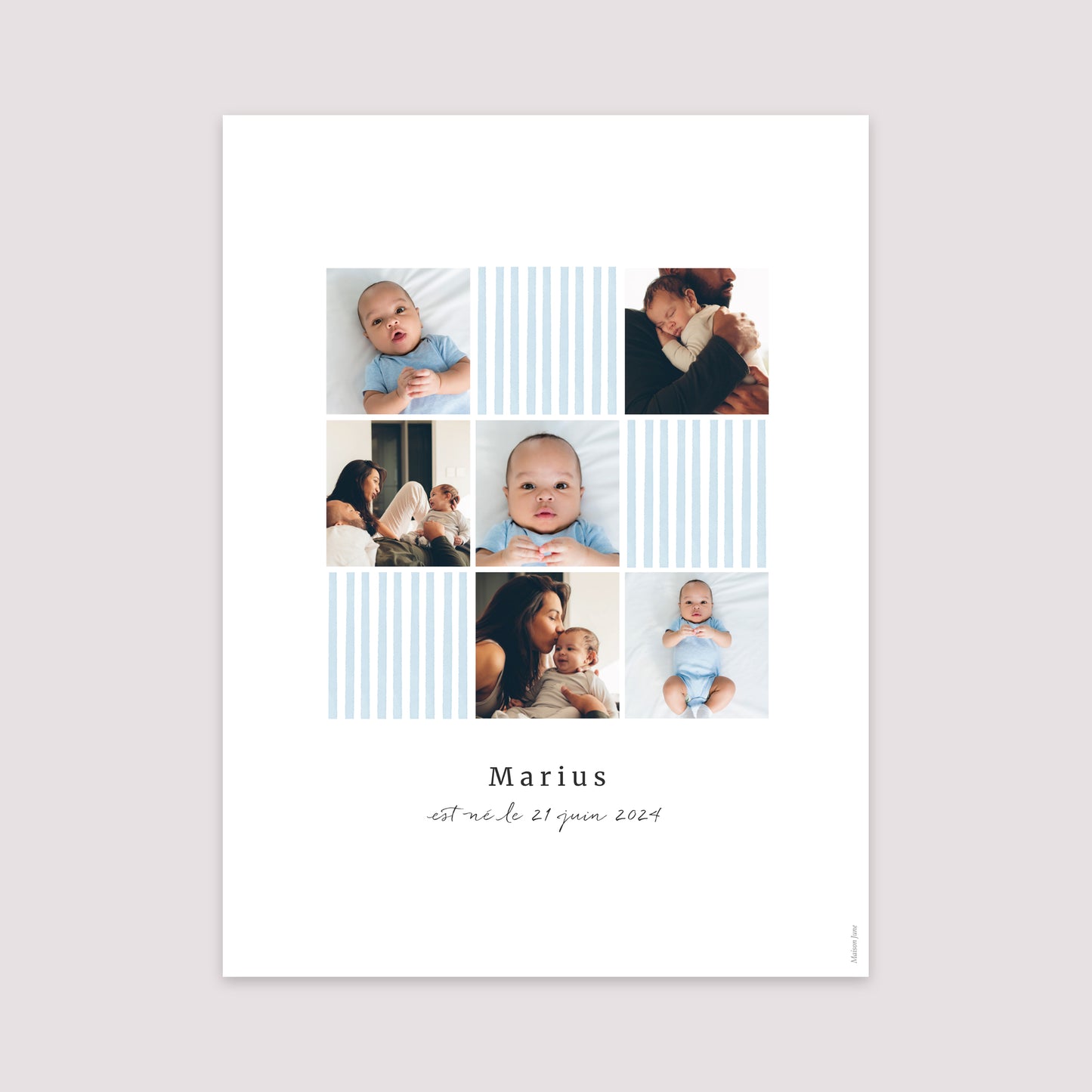 Affiche Naissance Portrait 30 x 40 cm Rayures bleu Ciel photo N° 2