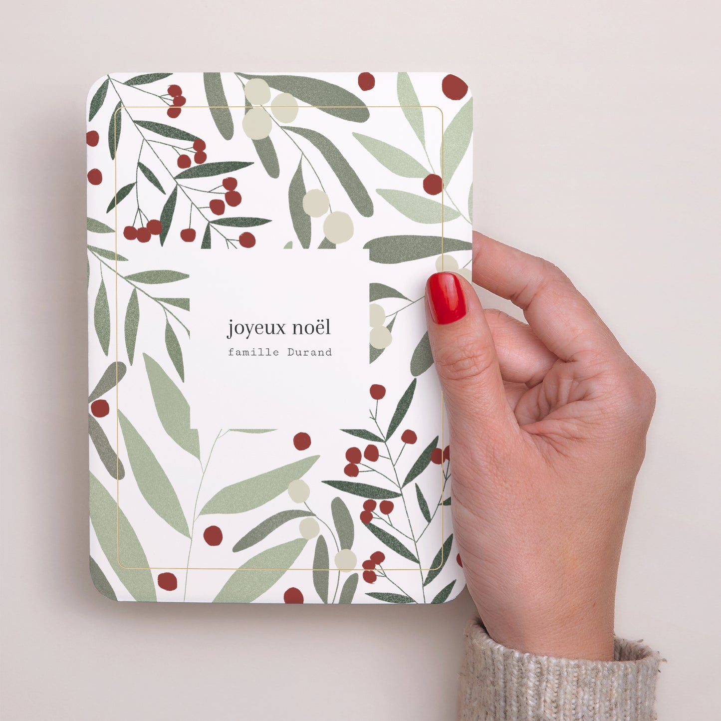 Carte de Noel Fin d'année Portrait, bords arrondis motif noël, tons verts photo N° 2