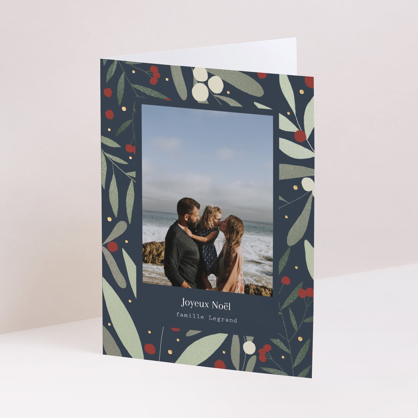 Carte de voeux Fin d'année Portrait double volet motif noël, tons bleus photo N° 1