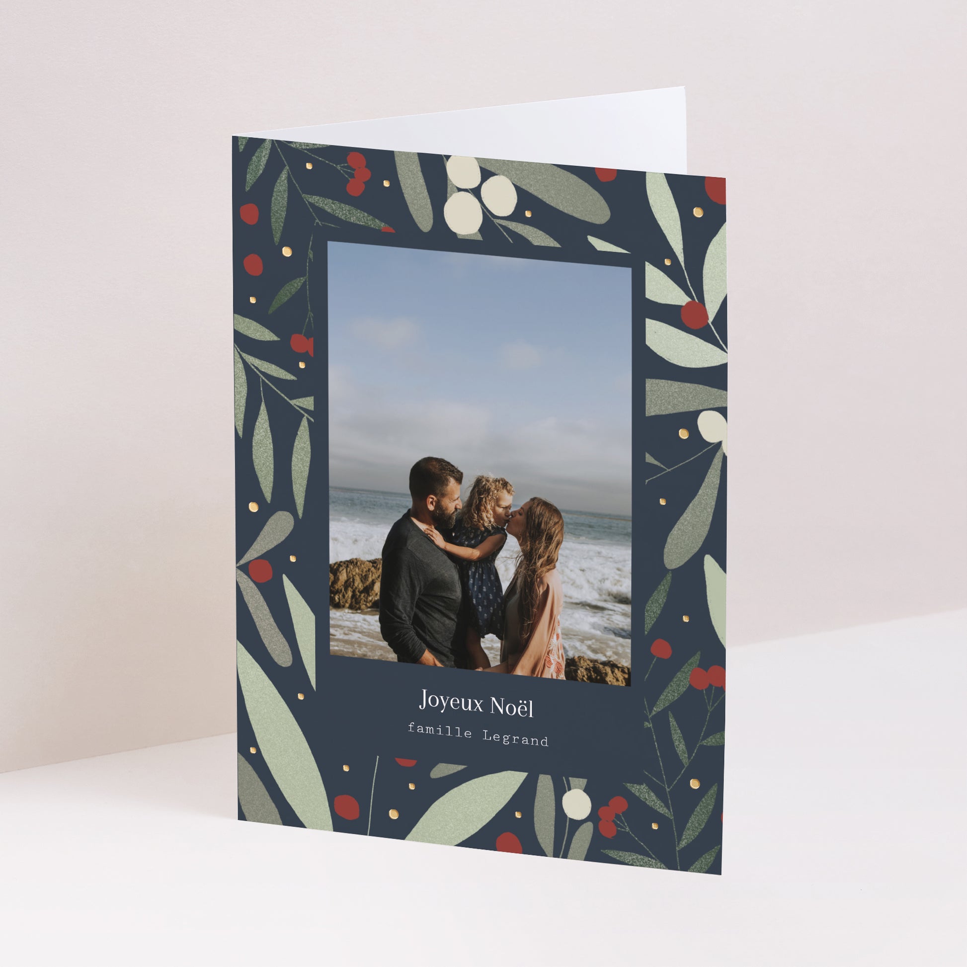 Carte de voeux Fin d'année Portrait double volet motif noël, tons bleus photo N° 1