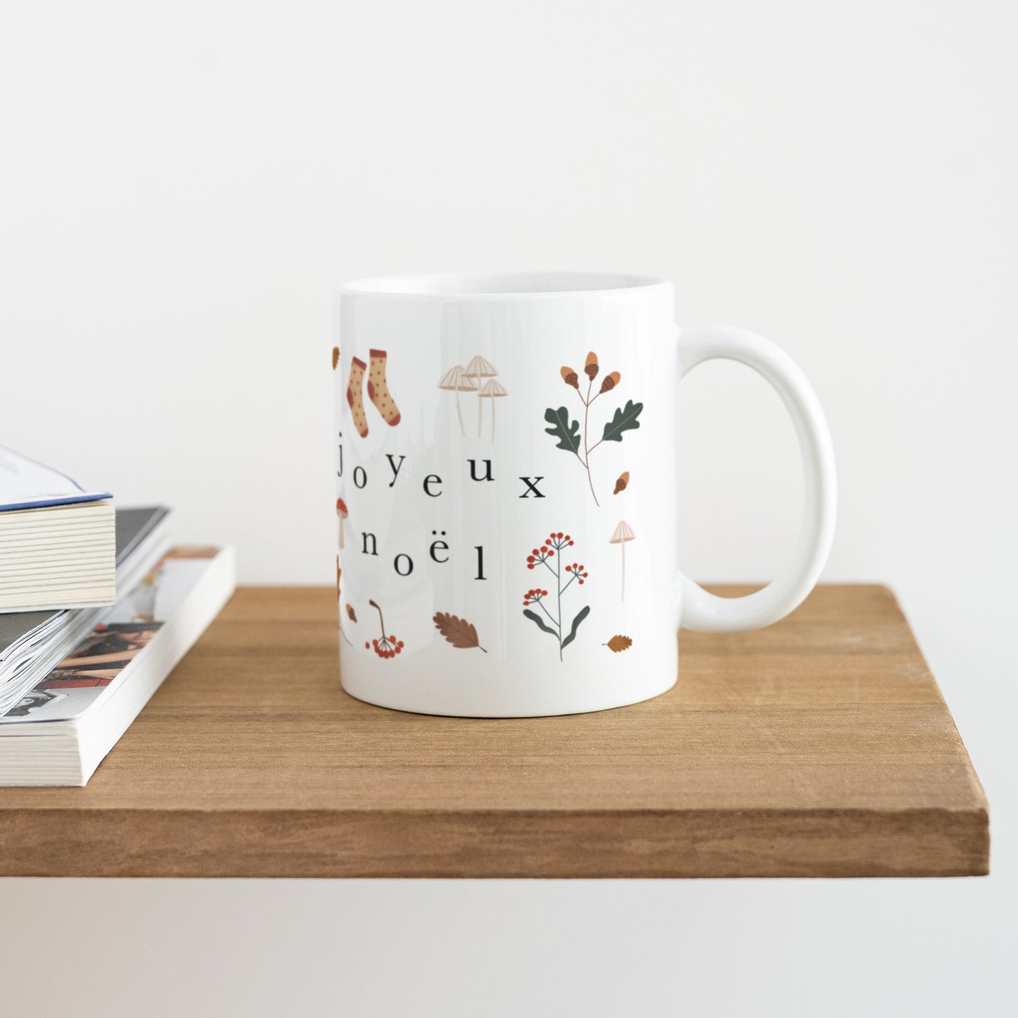 Mug Fin d'année Blanc Joyeux noël, chêne, champignons photo N° 4