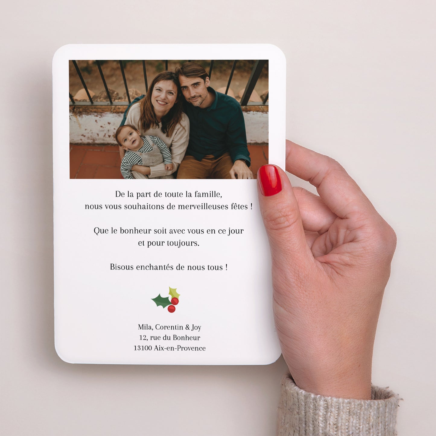 Carte de Noel Fin d'année Portrait, bords arrondis Couronne noël fond rouge photo N° 3