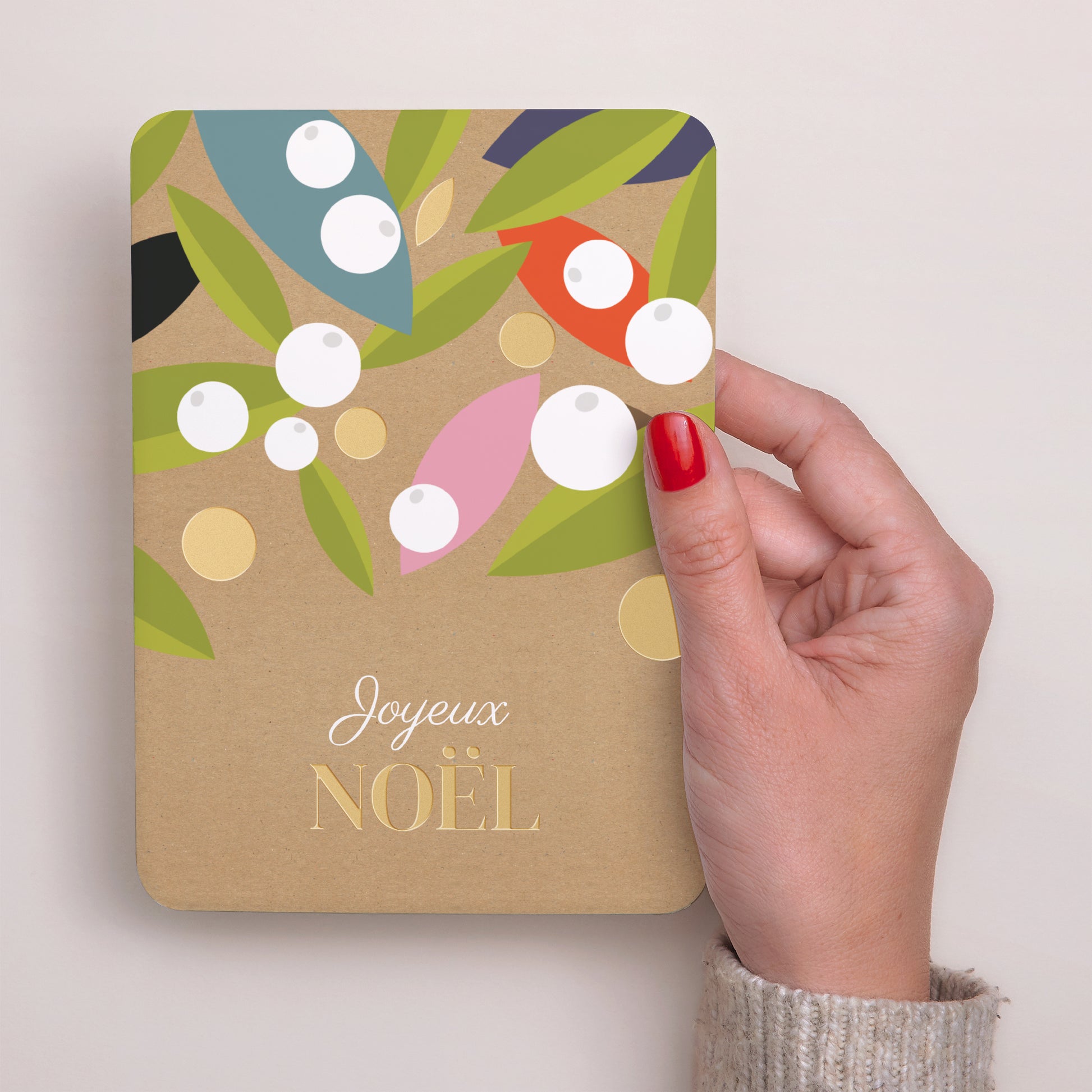 Carte de Noel Fin d'année Portrait, bords arrondis Feuilles et gui photo N° 2
