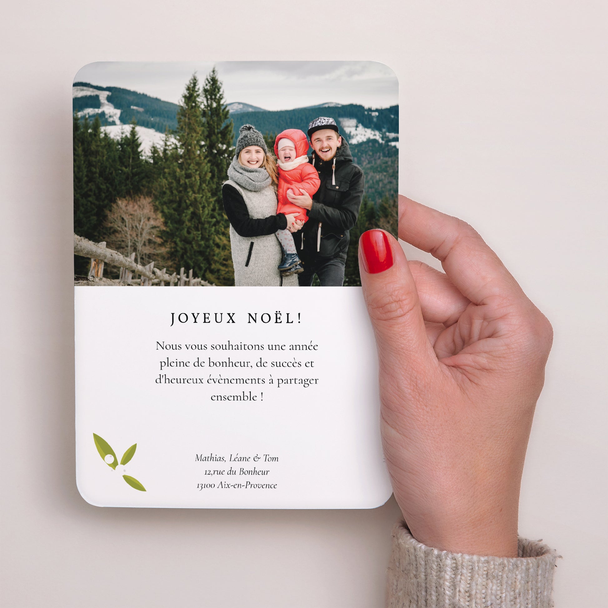 Carte de Noel Fin d'année Portrait, bords arrondis Feuilles et gui photo N° 3