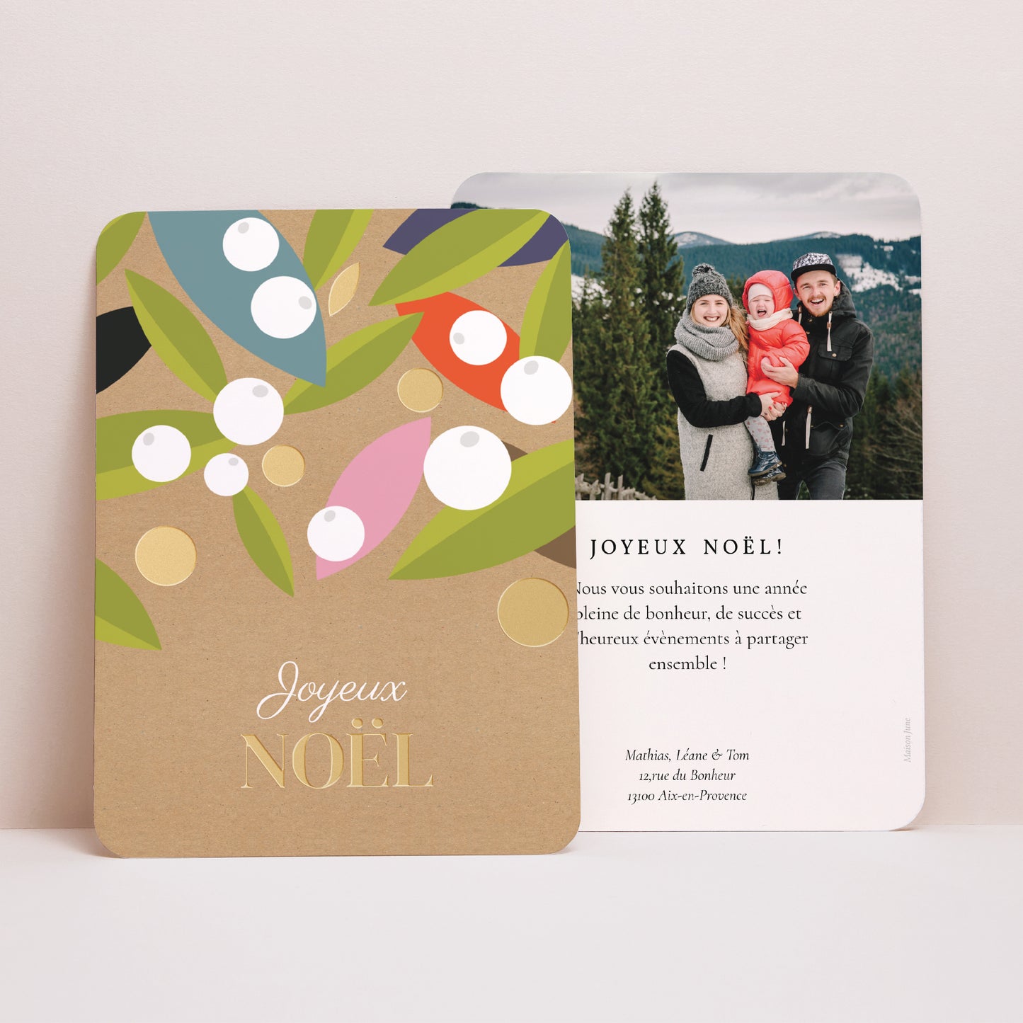 Carte de voeux Fin d'année Portrait, bords arrondis Feuilles et gui photo N° 1
