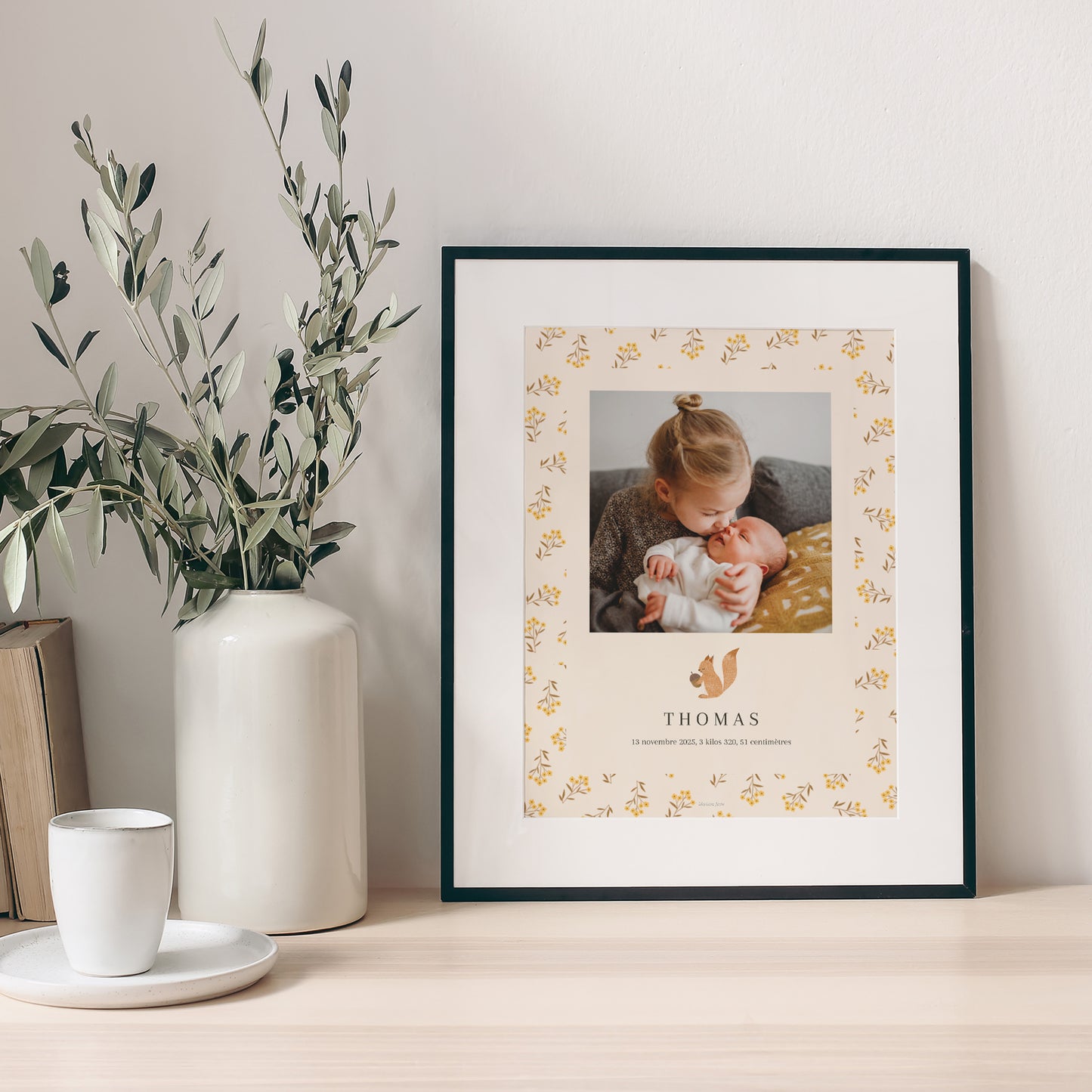 Affiche Naissance Portrait ecureuil, motif fleurs photo N° 1