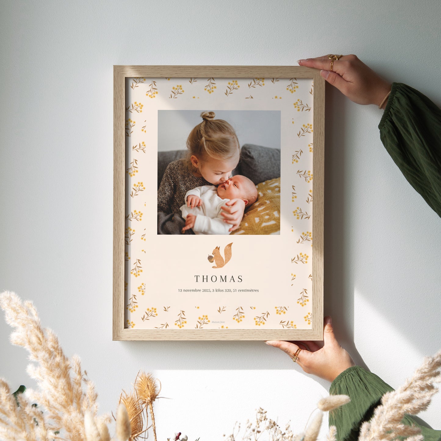 Affiche Naissance Portrait ecureuil, motif fleurs photo N° 2
