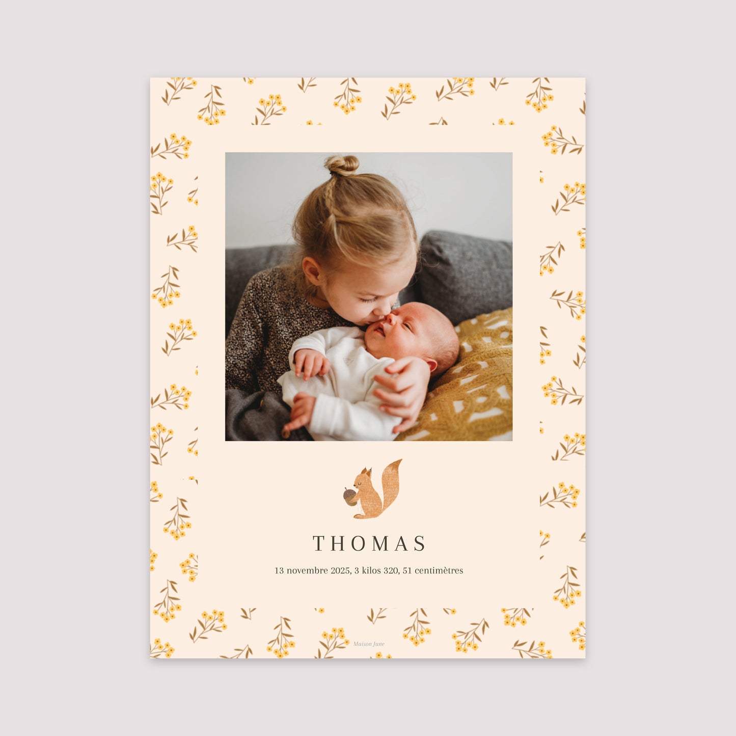Affiche Naissance Portrait 30 x 40 cm Ecureuil, motif fleurs photo N° 2