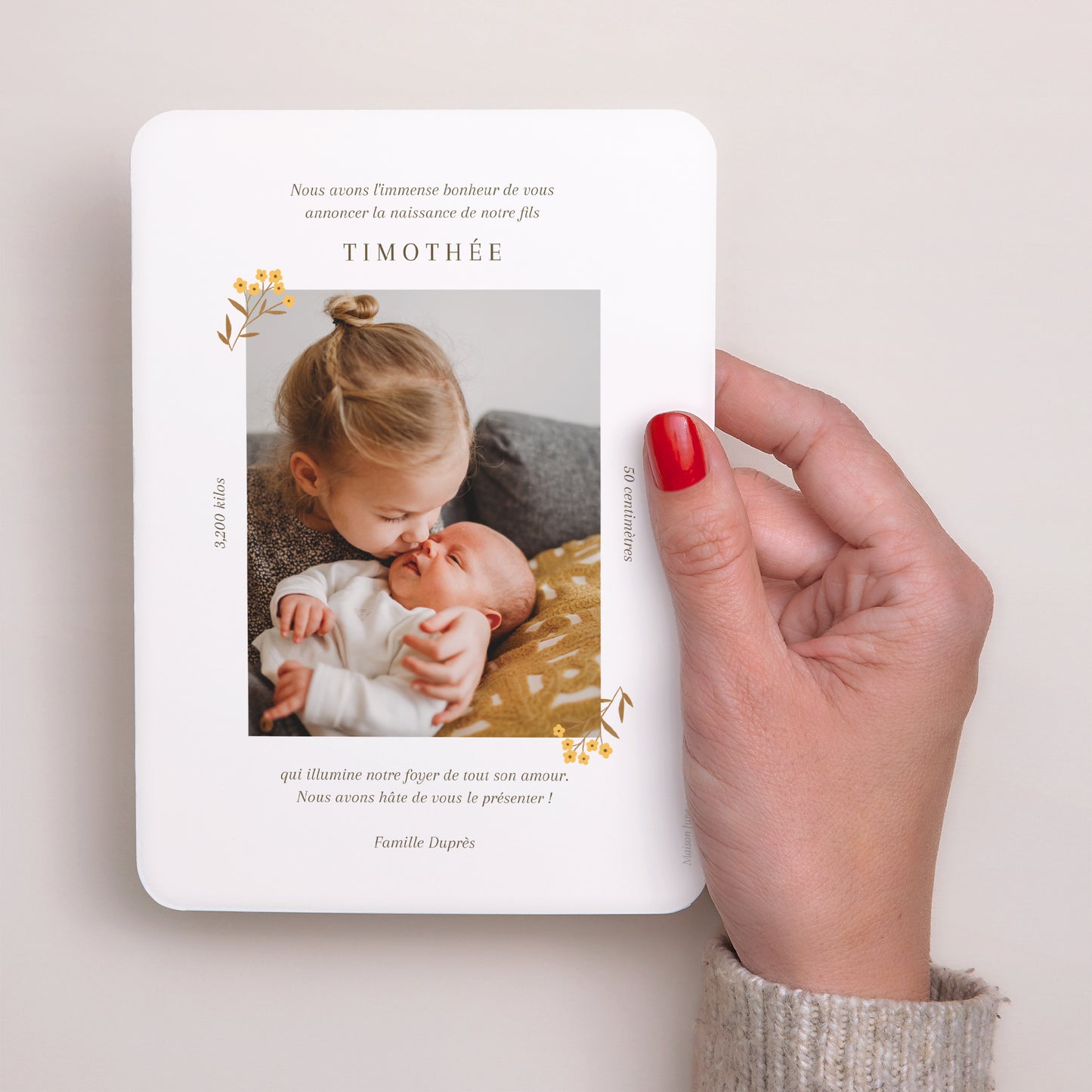 Faire-part Naissance Portrait, bords arrondis ecureuil, motif fleurs photo N° 3