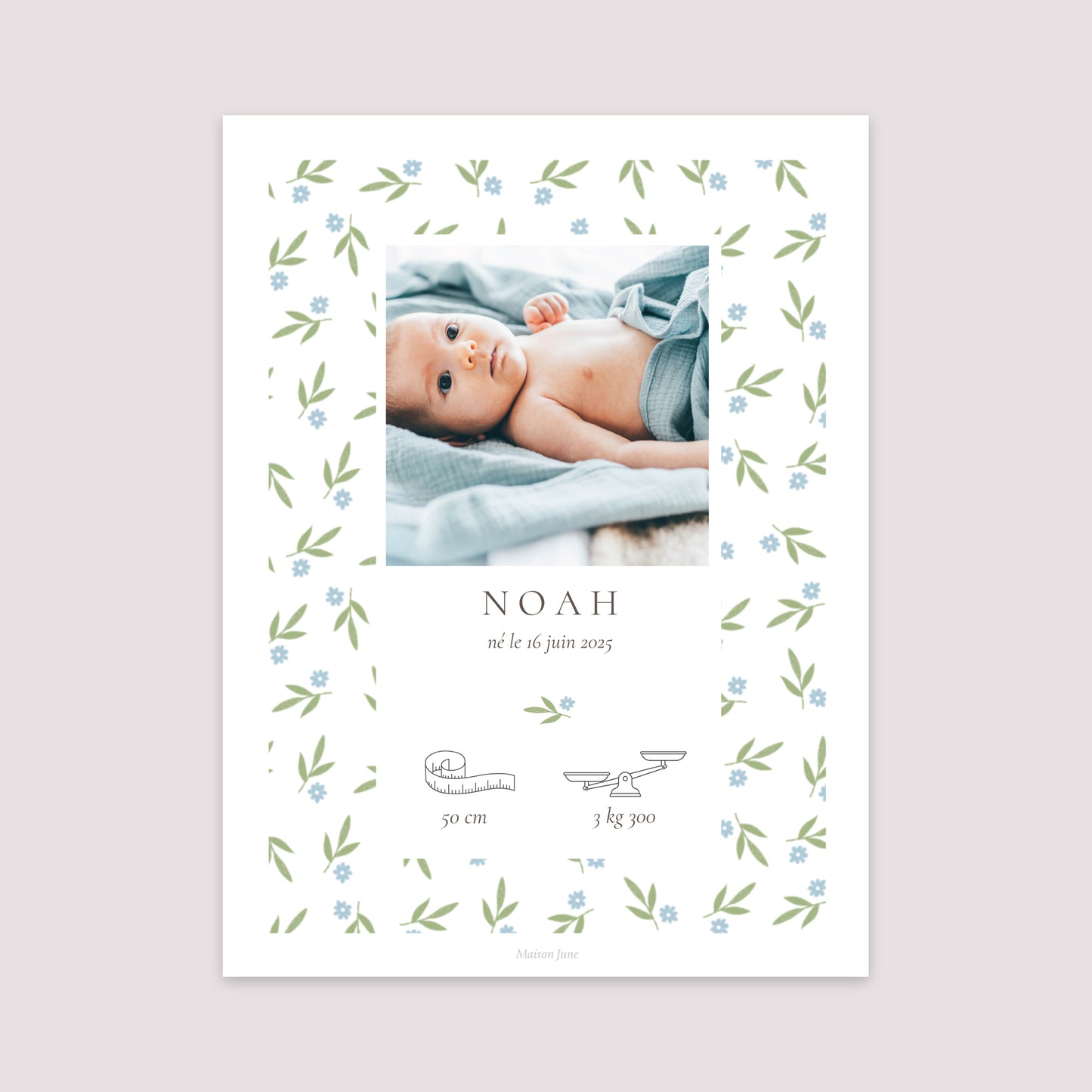 Affiche Naissance Portrait 30 x 40 cm Body fleurs bleues photo N° 2