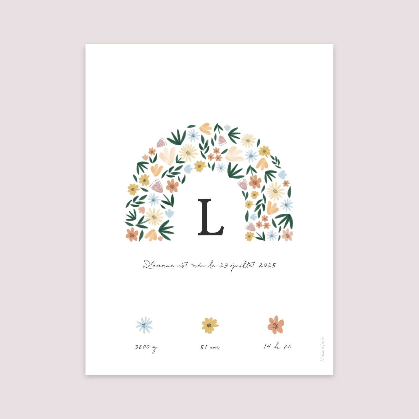 Affiche Naissance Portrait 30 x 40 cm Arc en fleurs Printanier photo N° 2