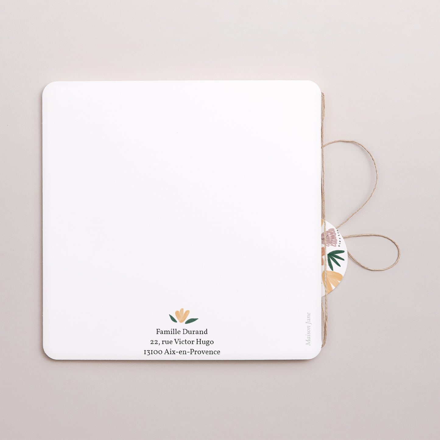 Faire-part Naissance Carré double volet, coins arrondis, étiquette ronde Arc en fleurs Printanier photo N° 3