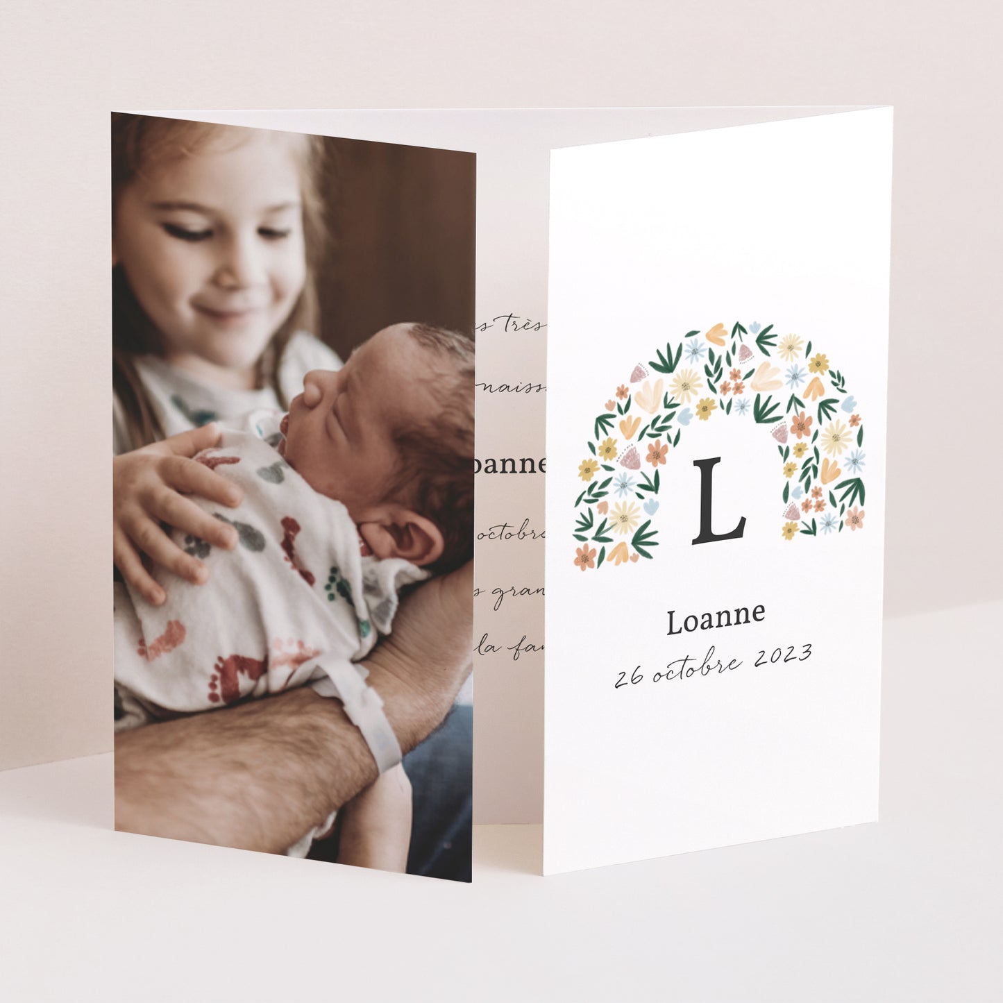 Faire-part Naissance Triptyque ouverture fenêtre Arc en fleurs Printanier photo N° 1