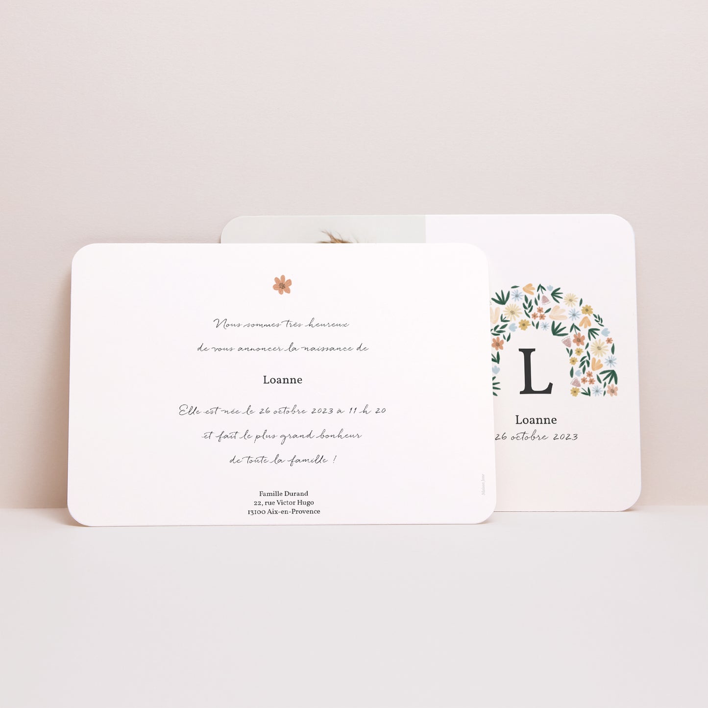 Faire-part Naissance Paysage, bords arrondis Arc en fleurs Printanier photo N° 2