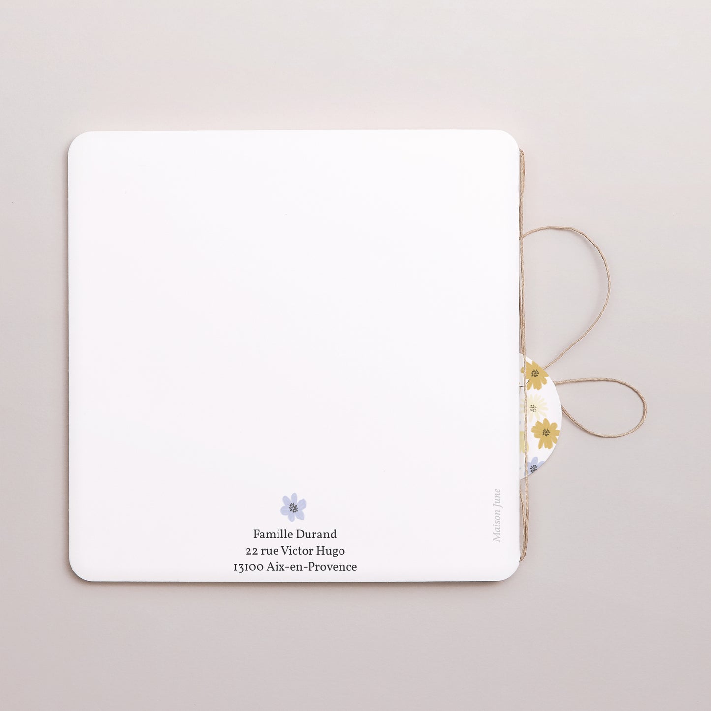 Faire-part Naissance Carré double volet, coins arrondis, étiquette ronde Arc en fleurs Bleuté photo N° 3