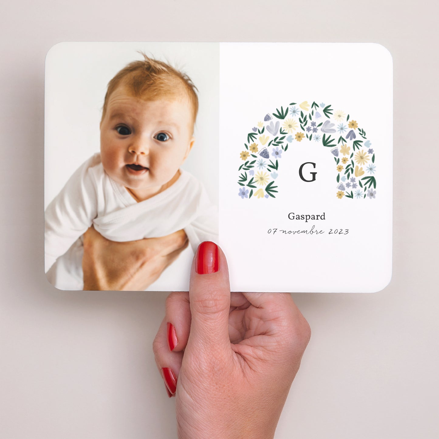 Faire-part Naissance Paysage, bords arrondis Arc en fleurs Bleuté photo N° 3