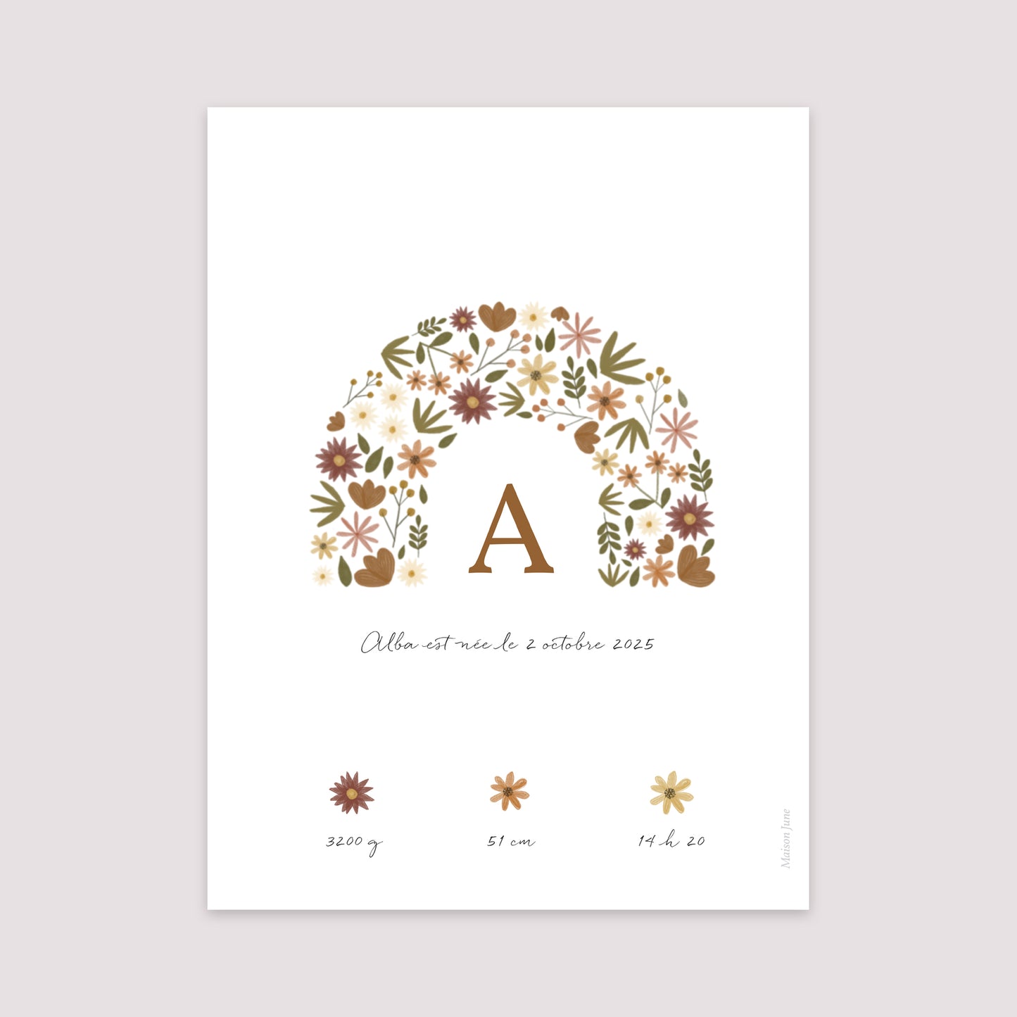 Affiche Naissance Portrait 30 x 40 cm Arc en fleurs Automnal photo N° 2