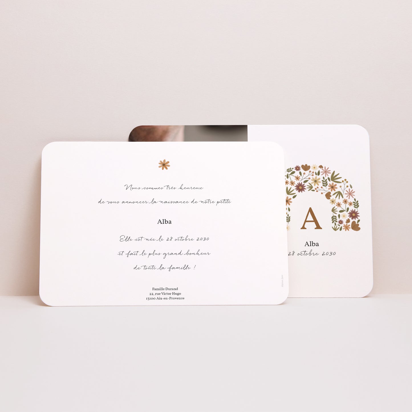 Faire-part Naissance Paysage, bords arrondis Arc en fleurs Automnal photo N° 3