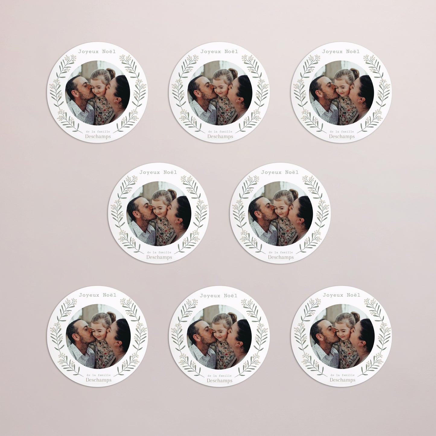 Carte de Noel Fin d'année Lot de 8, magnétique, rond, Ø 10cm Brin flocon et boule photo N° 3