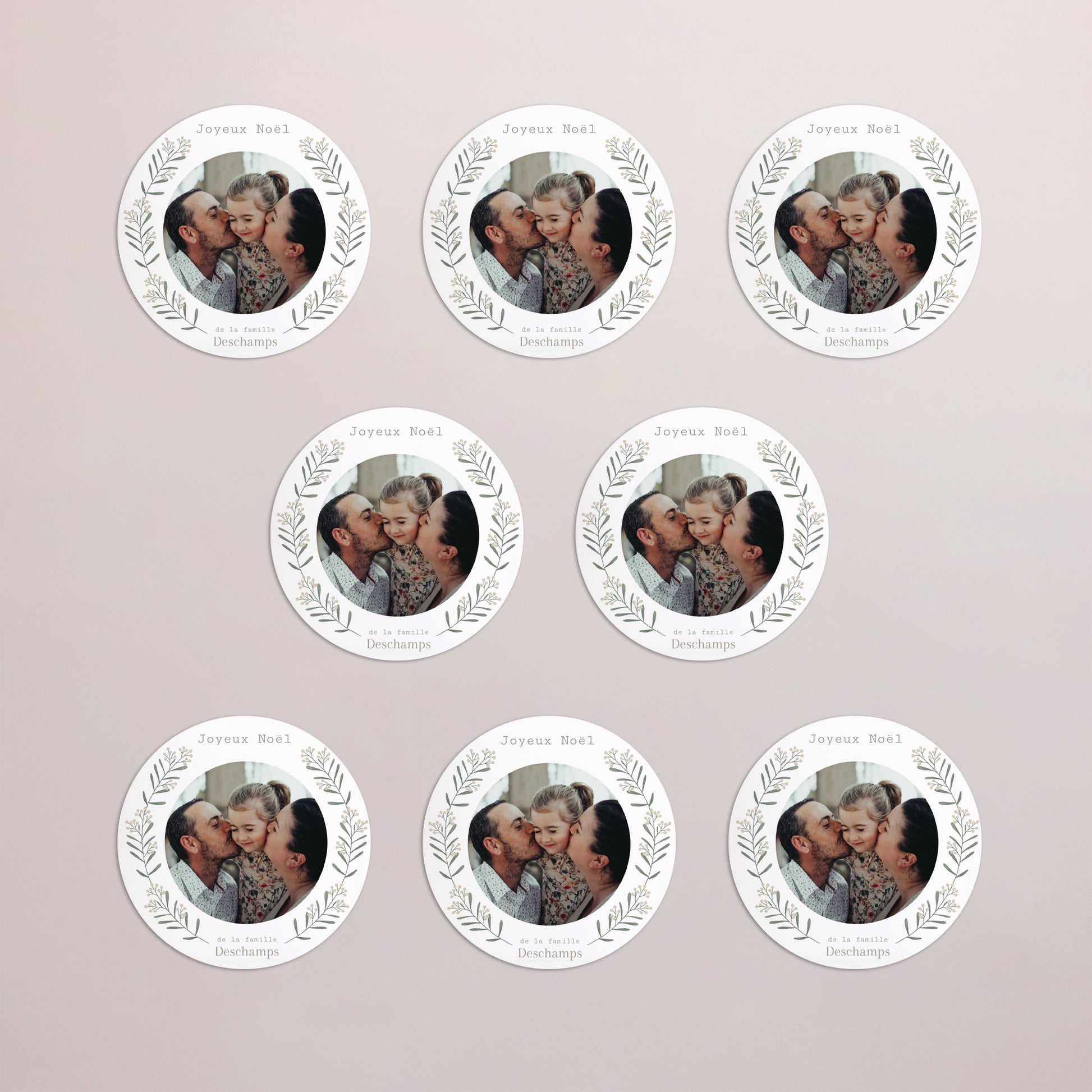 Carte de Noel Fin d'année Lot de 8, magnétique, rond, Ø 10cm Brin flocon et boule photo N° 3