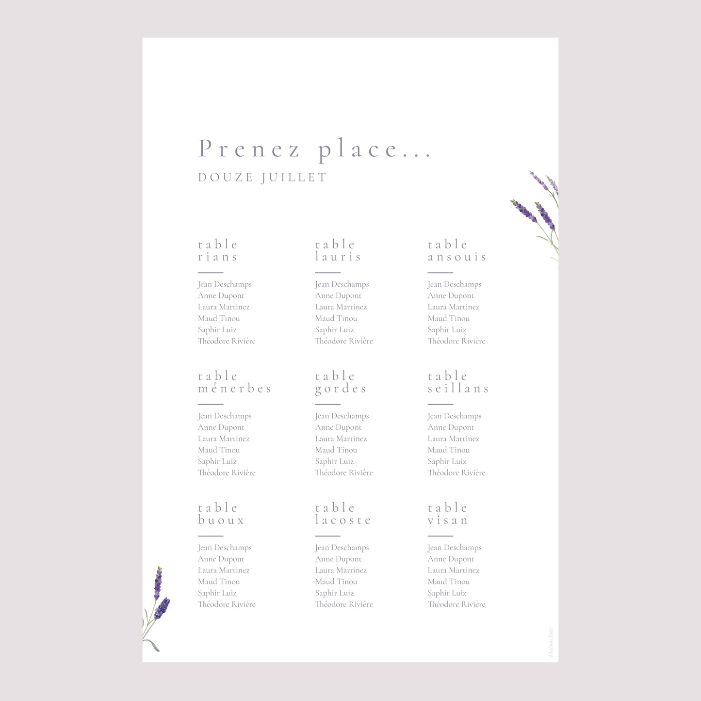 Plan de table Mariage Portrait 60 x 90 cm Lavande aquarelle photo N° 2