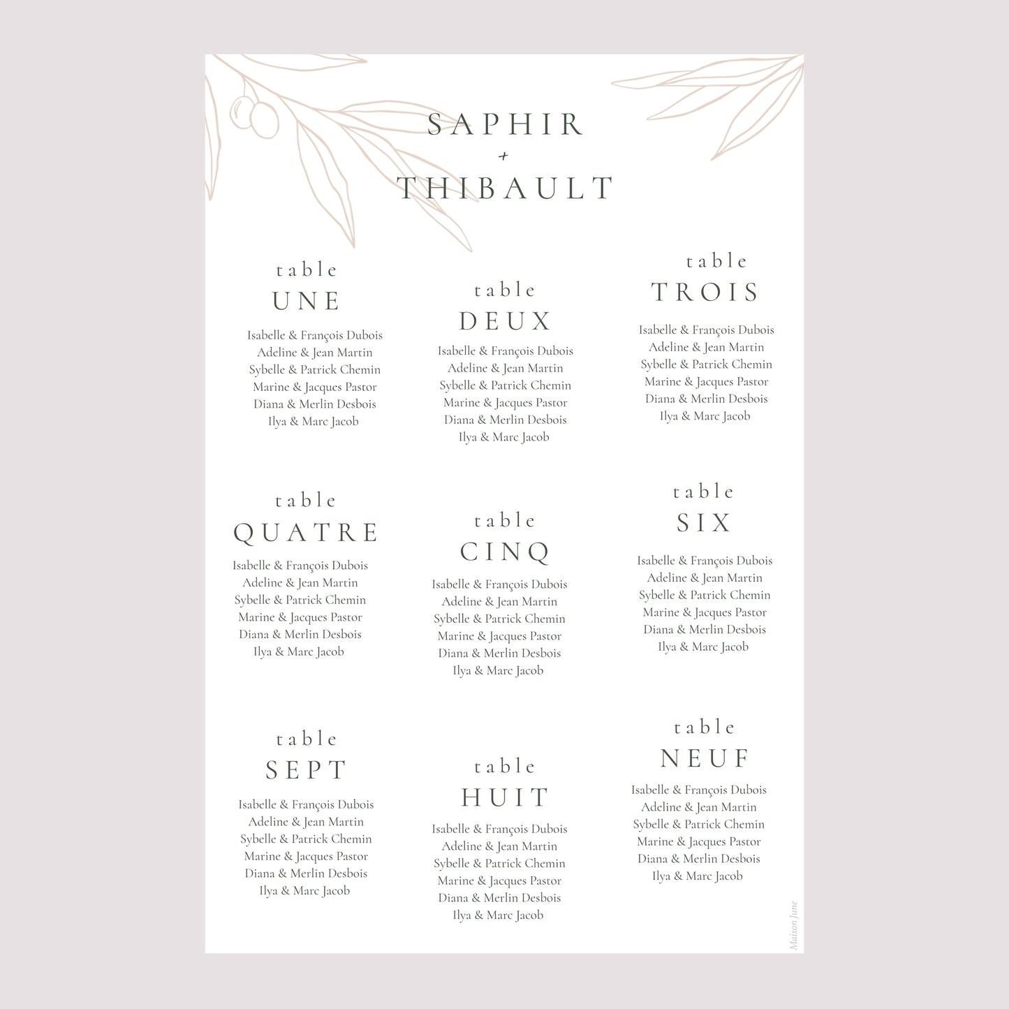 Plan de table Mariage Portrait L'union de l'olivier photo N° 2