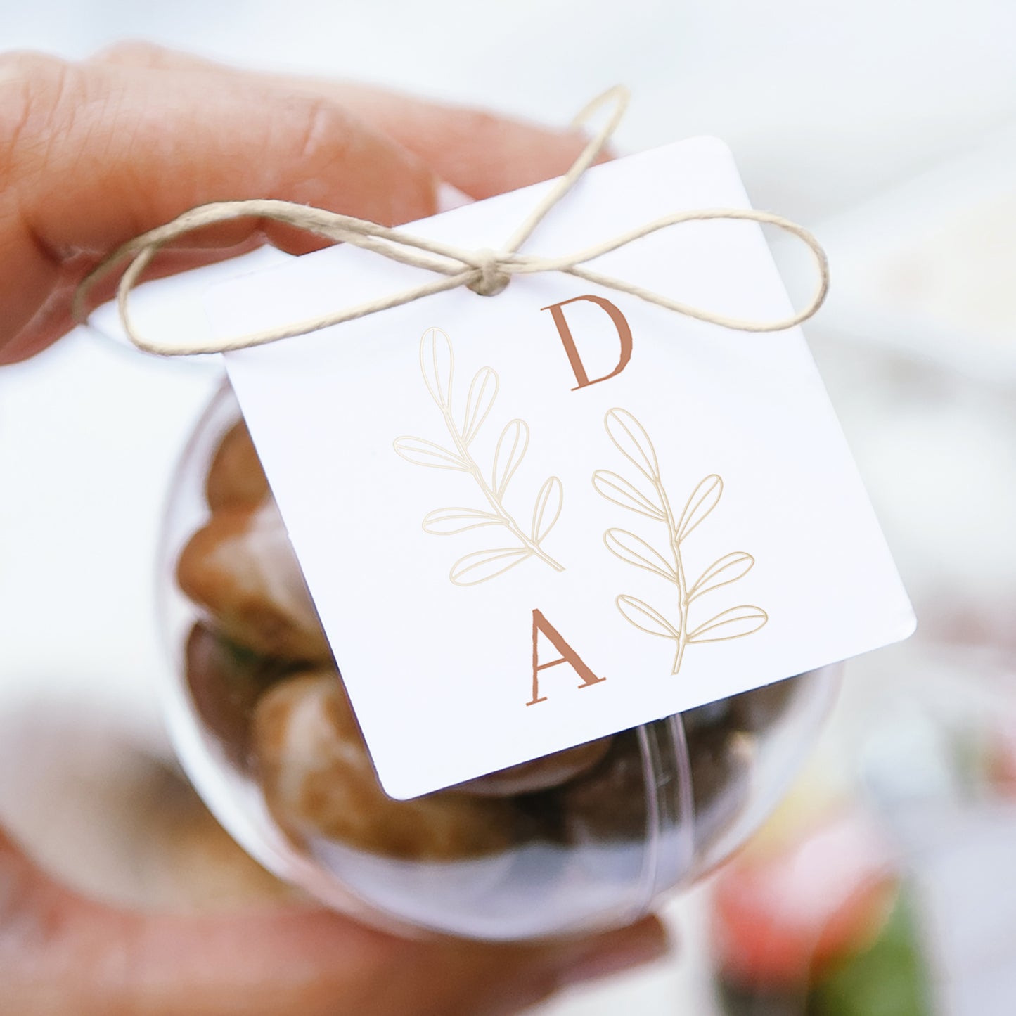 Boîte à dragées Mariage boule avec étiquette carrée Végétal Corail photo N° 1
