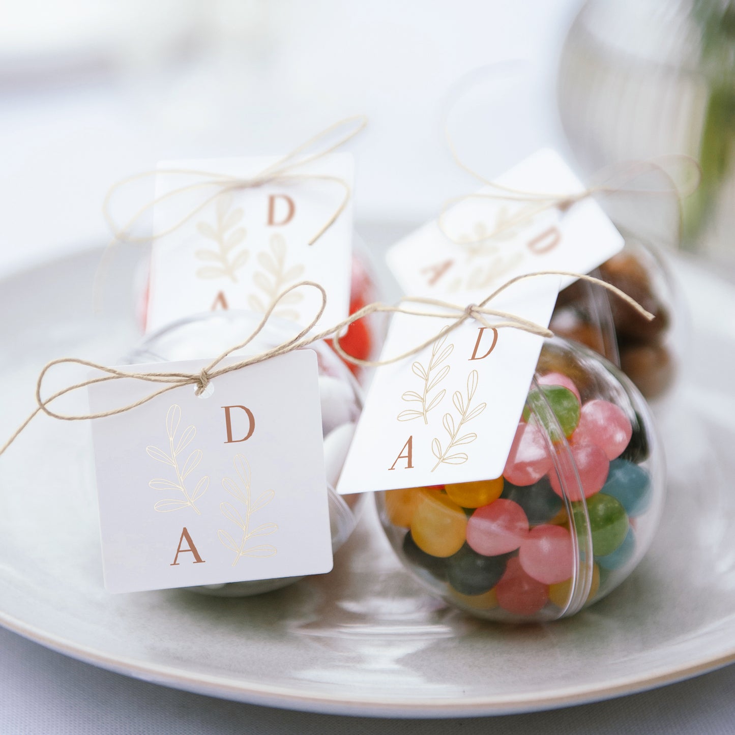 Boîte à dragées Mariage boule avec étiquette carrée Végétal Corail photo N° 2