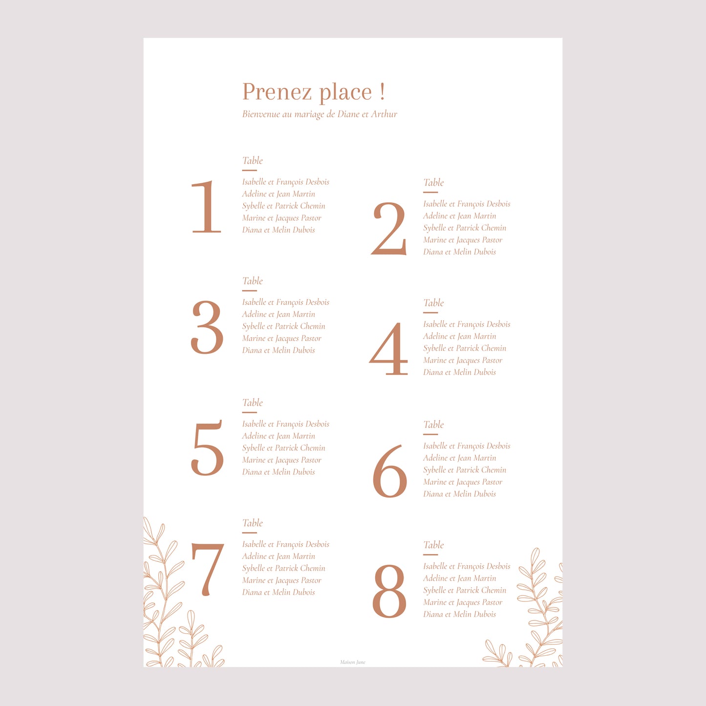 Plan de table Mariage Portrait Végétal Corail photo N° 2