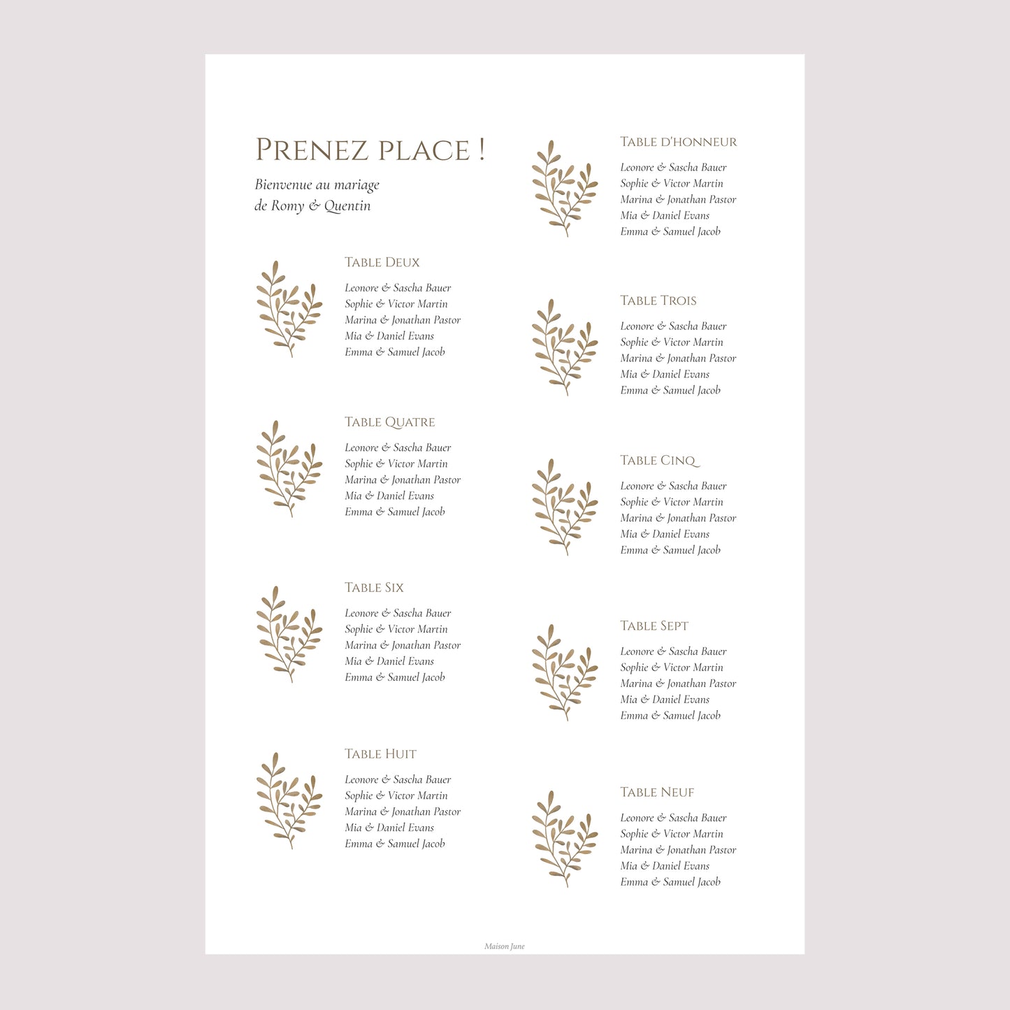 Plan de table Mariage Portrait Végétal sépia doré photo N° 2
