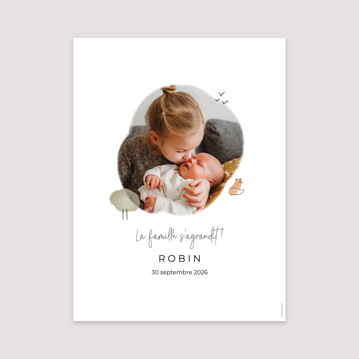 Affiche Naissance Portrait 30 x 40 cm Renard crayonné photo N° 2
