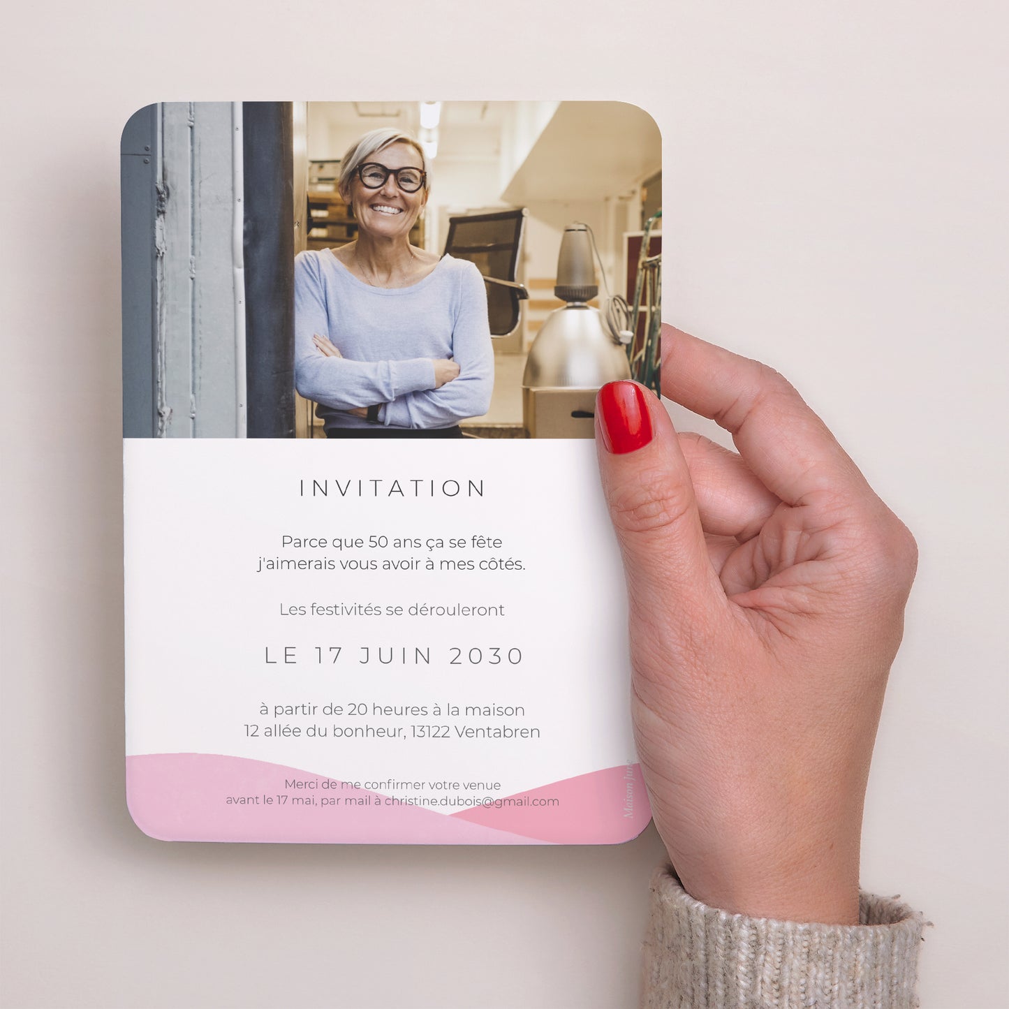 Invitations Anniversaire Adulte Portrait, bords arrondis Camaïeu Rose, 50 ans photo N° 3