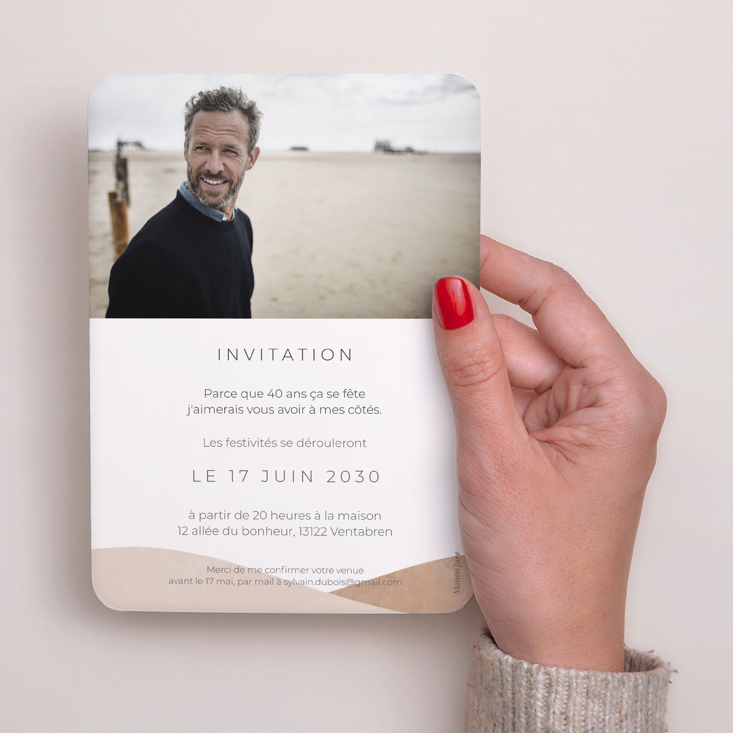 Invitations Anniversaire Adulte Portrait, bords arrondis Camaïeu Beige 40 ans photo N° 3